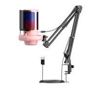 MOLERRI Mic de Microphone RVB USB Microphone pour Le D'Enregistrement D'Appel avec Metal Boom Stand Esports pour Studio Pink