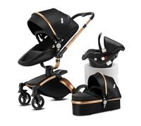 MoLi Cuir PU Poussette 3 en 1, Poussette Bebe avec 360° Siège Convertible, Pousette 3 en 1 avec Nacelle Grande Confortable, Poussette Trio Cadre en Alliage d'aluminium Haut Paysage (906 Noir)