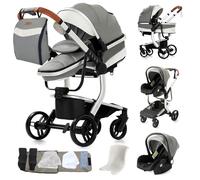MoLi Cuir PU Poussette 3 en 1, Poussette Bebe avec Mode Double Poussée Réversible, Pousette 3 en 1 avec Nacelle Grande, Poussettes Trio Cadre en Alliage d'aluminium Pliable Haut Paysage (B518 Grey)