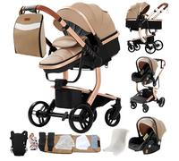 MoLi Cuir PU Poussette 3 en 1, Poussette Bebe avec Mode Double Poussée Réversible, Pousette 3 en 1 avec Nacelle Grande, Poussettes Trio Cadre Alliage d'aluminium Pliable Haut Paysage (L518 Beige)