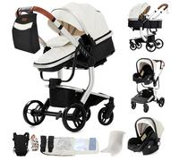 MoLi Cuir PU Poussette 3 en 1, Poussette Bebe avec Mode Double Poussée Réversible, Pousette 3 en 1 avec Nacelle Grande, Poussettes Trio Cadre en Alliage d'aluminium Pliable Haut Paysage (L518 White)