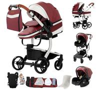 MoLi Cuir PU Poussette 3 en 1, Poussette Bebe avec Mode Double Poussée Réversible, Pousette 3 en 1 avec Nacelle Grande, Poussettes Trio Cadre en Alliage d'aluminium Pliable Haut Paysage (L518 Red)