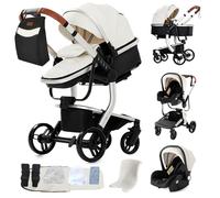 MoLi Cuir PU Poussette 3 en 1, Poussette Bebe avec Mode Double Poussée Réversible, Pousette 3 en 1 avec Nacelle Grande, Poussettes Trio Cadre en Alliage d'aluminium Pliable Haut Paysage (B518 White)
