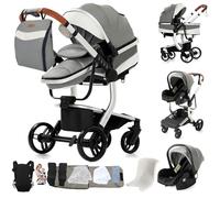 MoLi Cuir PU Poussette 3 en 1, Poussette Bebe avec Mode Double Poussée Réversible, Pousette 3 en 1 avec Nacelle Grande, Poussettes Trio Cadre en Alliage d'aluminium Pliable Haut Paysage (L518 Grey)