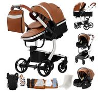 MoLi Cuir PU Poussette 3 en 1, Poussette Bebe avec Mode Double Poussée Réversible, Pousette 3 en 1 avec Nacelle Grande, Poussettes Trio Cadre en Alliage d'aluminium Pliable Haut Paysage (L518 Khaki)
