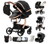 MoLi Cuir PU Poussette 3 en 1, Poussette Bebe avec Mode Double Poussée Réversible, Pousette 3 en 1 avec Nacelle Grande, Poussettes Trio Cadre en Alliage d'aluminium Pliable Haut Paysage (L518 Black)
