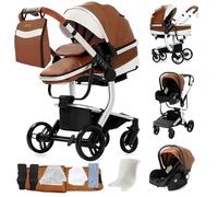 MoLi Cuir PU Poussette 3 en 1, Poussette Bebe avec Mode Double Poussée Réversible, Pousette 3 en 1 avec Nacelle Grande, Poussettes Trio Cadre en Alliage d'aluminium Pliable Haut Paysage (B518 Khaki)
