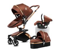MoLi Cuir PU Poussette 3 en 1, Poussette Bebe avec Siège Convertible à 360°, Pousette 3 en 1 avec Nacelle Grande Confortable, Poussette Trio Cadre en Alliage d'aluminium Haut Paysage (906 Brown)