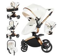 MoLi Cuir PU Poussette 3 en 1, Poussette Bebe avec Siège Convertible à 360°, Poussette Citadine Nacelle Grande, Poussette Combinée Cadre en Alliage d'aluminium Pliable Haut Paysage (906 White)