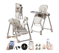 MoLi Électrique Bluetooth Intelligent Cuir PU Chaise Haute avec Fonction de Balancelle, Chaises Hautes Bebe, Chaise Haute Bébé Plateau Double Couche (E8121 White)