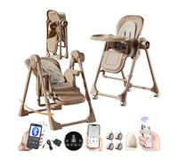 MoLi Électrique Bluetooth Intelligent Cuir PU Chaise Haute, Chaises Hautes Bebe avec Fonction de Balancelle, Chaise Haute Bébé Plateau Double Couche (E8121 Khaki)