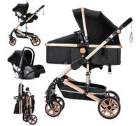 MoLi Poussette 3 en 1 pour bébé, système de voyage avec deux modes de poussée réversibles, poussette pour nouveau-né avec pliage en un clic, cadre en aluminium (739 noir doré)