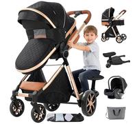 MoLi Poussette 3 en 1, Pousette Bebe avec Mode Double Poussée Réversible, Pousette Citadine Nacelle Grande, Poussette Combinée Cadre en Alliage d'aluminium Pliable (FV9 Black)