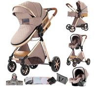 MoLi Poussette 3 en 1, Pousette Bebe avec Mode Double Poussée Réversible, Pousette Citadine Nacelle Grande, Poussette Combinée Cadre en Alliage d'aluminium Pliable Haut Paysage (YV9 Khaki)