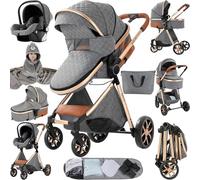 MoLi Poussette 3 en 1, Poussette Bebe avec Mode Double Poussée Réversible, Pousette 3 en 1 avec Nacelle Grande, Poussette Trio Cadre en Alliage d'aluminium Pliable Haut Paysage (225 Grey)