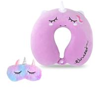 MOLIMOLI Kids Memory Sponge Coussin de Voyage avec Masque Oculaire Unicorn Cartoon, Violet, 30x30cm, Coin de Cou pour Adulte, Support de Cou Mignon pour Enfants
