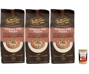 Molino Vigevano Farina Tipo 1 Farine à pizza pas très raffinée avec germes de céréales moulues en pierre Farine professionnelle 3 x 500 g + Italian Gourmet polpa 400 g