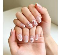 Molirex 48 Pièces Faux Ongles Français Press on Nails Court Carrés Fleurs Faux Ongles de Pied à Coller avec Autocollants Adhesif French Manucure pour Femmes et Filles