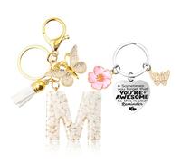 Molirex Porte Clé Lettre avec Papillon et Pampille Pendentif, Porte Clef Coeur avec Papillon et Fleur Pendentif, pour Sac à main Portefeuille Sac à Dos, Cadeau pour Femme et Fille, M