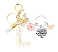 Molirex Porte Clé Lettre avec Papillon et Pampille Pendentif, Porte Clef Coeur avec Papillon et Fleur Pendentif, pour Sac à main Portefeuille Sac à Dos, Cadeau pour Femme et Fille, L