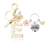 Molirex Porte Clé Lettre avec Papillon et Pampille Pendentif, Porte Clef Coeur avec Papillon et Fleur Pendentif, pour Sac à main Portefeuille Sac à Dos, Cadeau pour Femme et Fille, E