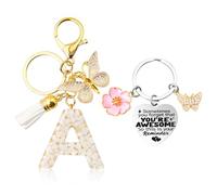 Molirex Porte Clé Lettre avec Papillon et Pampille Pendentif, Porte Clef Coeur avec Papillon et Fleur Pendentif, pour Sac à main Portefeuille Sac à Dos, Cadeau pour Femme et Fille, A