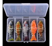Moliuoly Lot de 5 leurres artificiels multi-segments 10 cm Multicolore Leurres durs avec crochets en métal et boîte de rangement Action de nage réaliste pour l'eau douce et l'eau salée Pêche au
