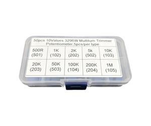 Moliuoly Lot de 50 potentiomètres multitours 3296 W avec 10 valeurs de résistance de 500 Ω à 1 MΩ, potentiomètre de coupe précis pour la correspondance des circuits, l'électronique DIY et la