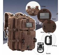 Molle Sac À Dos Tactique D'assaut - Sac À Dos Tactique De Camping - Sac À Dos De 3 Jours Avec Écusson Du Drapeau Américain, Anneaux En D, Marron Foncé, Marron Foncé, Large, Sac À Dos