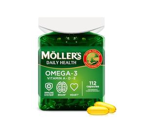 Moller’s ® | Capsules oméga-3 | Huile de poisson | Complément alimentaire nordique d'oméga-3 avec EPA, DHA, vitamines A, D et E | Marque vieille de 166 ans | Daily Health | 112 capsules