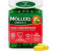Moller’s ® | High Concentrate | Oméga-3 | Huile de poisson premium | Dose élevée allant jusqu’à 3 360 mg d’EP DHA | forme de triglycérides | cerveau, vision, cœur, tension artérielle | 110 gélules