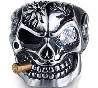 MollyQueen Bague vintage en acier inoxydable avec tête de mort pour homme, Métal, Zircone cubique