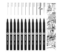MOLOTOW Blackliner Lot de 11 stylos à pointe fine avec encre permanente indélébile, étui, pointe biseautée et ogive, épaisseur de trait 0,05 à 1,0 mm, noirs