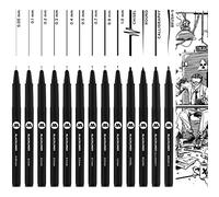Molotow Blackliner Lot de 13 crayons à encre indélébile, avec pointe fine de 0,05 à 1,0 mm et spéciale, étui, noirs