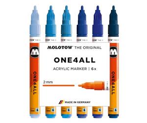 Molotow One4All 127HS Lot de 6 marqueurs acryliques bleus (épaisseur de trait de 2,0 mm, couvrant et permanent, séchage rapide, rechargeables, pour presque toutes les surfaces)