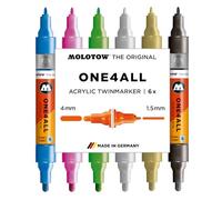 Molotow One4All Acrylic Twin Marker Metallic Set (épaisseur de trait 1,5 et 4,0 mm, très couvrant et permanent, séchage rapide, rechargeable, pour presque toutes les surfaces) 6 pièces assorties