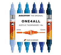 Molotow One4All Lot de 6 marqueurs acryliques Twin Blue (épaisseur de trait de 1,5 et 4,0 mm, fort pouvoir couvrant et permanent, séchage rapide, rechargeables, pour presque toutes les surfaces)