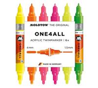 Molotow One4All Lot de 6 marqueurs acryliques Twin fluo (épaisseur de trait 1,5 et 4,0 mm, fort pouvoir couvrant et permanent, séchage rapide, rechargeables, pour presque toutes les surfaces)