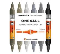 Molotow One4All Lot de 6 marqueurs acryliques Twin gris (épaisseur de trait 1,5 et 4,0 mm, fort couvrant et permanent, séchage rapide, rechargeables, pour presque toutes les surfaces)
