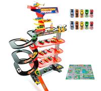 MOLTO | Parking Jouet 5 Étages Centre Ville + 10 Voitures + Tapis de Jeu - Rampes, Boucles et Piste Grande Vitesse - Stations Service et Plateforme Hélicoptère