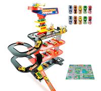 MOLTO | Parking jouet Downtown 4 étages + 10 voitures + tapis de jeu - Ascenseur fonctionnel, stations-service et rampes en spirale - Parking pour enfants