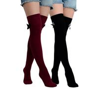 Molton Marley Lot de 2 paires de chaussettes longues extra longues au-dessus du genou avec nœud en coton fin pour filles et femmes, fabriquées en Europe, Rouge foncé, noir, XS/M