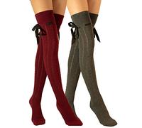 Molton Marley Lot de 2 paires de chaussettes longues extra longues au-dessus du genou, nœud et ruban, tricot de coton, pour filles et femmes, fabriquées en Europe, Gris foncé, rouge foncé, S-M