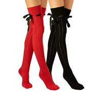 Molton Marley Lot de 2 paires de chaussettes longues extra longues au-dessus du genou, nœud et ruban, tricot de coton, pour filles et femmes, fabriquées en Europe, rouge/noir, S-M