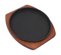 MOLUCKFU Poêle à Steak Ronde 23 Cm en Fonte avec Base en Bois, Plaque de Cuisson pour Barbecue Compatible Induction et Gaz, Assiette à Fajitas Antiadhésive Cuisine Maison et Repas