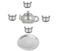 MOLUCKFU Service à Thé en Alliage de Zinc Doré Fait Main, Théière 8 Cm 4 Tasses Plateau, Ensemble Créatif pour Maison et Restaurant Motifs Bénédiction Chinoise, Coffret Présent Thé Élégant