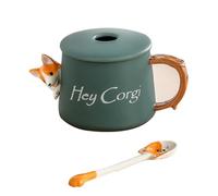 MOLUCKFU Tasse Céramique Adorable Corgi avec Couvercle et Cuillère Résistante à Abrasion pour Bureau et Maison Cadeau Original et Pratique