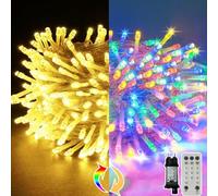 MOLVCE Guirlande lumineuse extérieure 10M 100led, Blanc Chaud & Multicolore avec 11 modes, télécommande, fonction mémoire et minuterie, guirlande lumineuse arbre de Noël pour jardin, pelouse