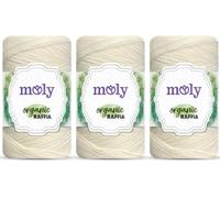 Moly Fil de raphia - 3 x 100 g - 100 % papier raphia - 160 m par pelote - Fil de raphia pour crochet pour sacs, chapeaux, paniers, sets de table et décoration (08 crème)