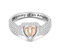 Mom Of An Angel Ring - Elegant Wing Heart Footprint Design, Meaningful